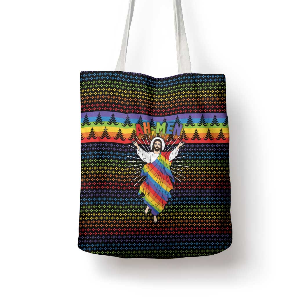 Rainbow Jesus Ah Men Christmas Tote Bag with Colorful Stripes and Holiday Pattern - Wonder Print Shop