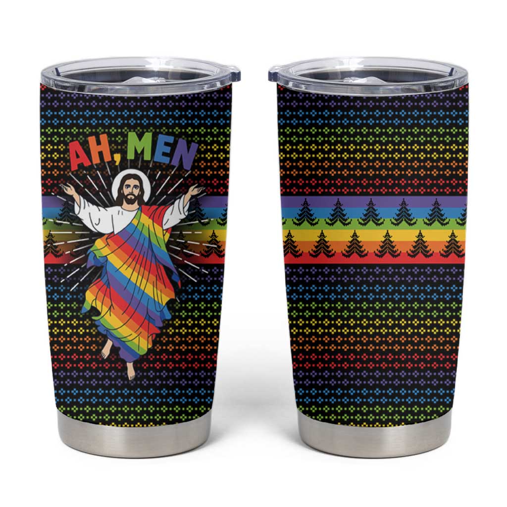 Rainbow Jesus Ah Men Christmas Tumbler Cup with Colorful Stripes and Holiday Pattern - Wonder Print Shop