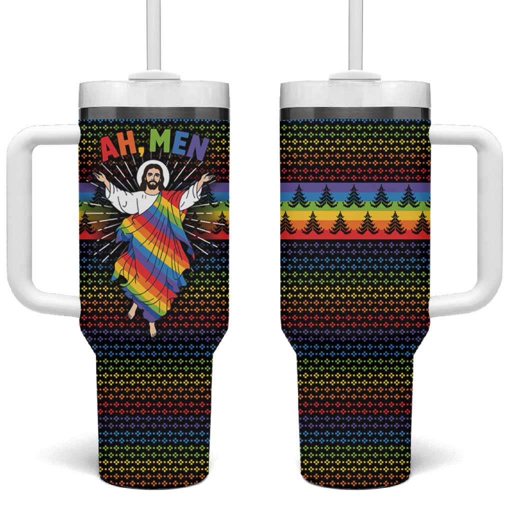 Rainbow Jesus Ah Men Christmas Tumbler With Handle with Colorful Stripes and Holiday Pattern - Wonder Print Shop