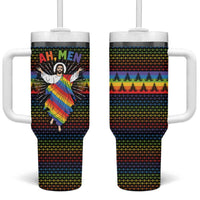 Rainbow Jesus Ah Men Christmas Tumbler With Handle with Colorful Stripes and Holiday Pattern - Wonder Print Shop