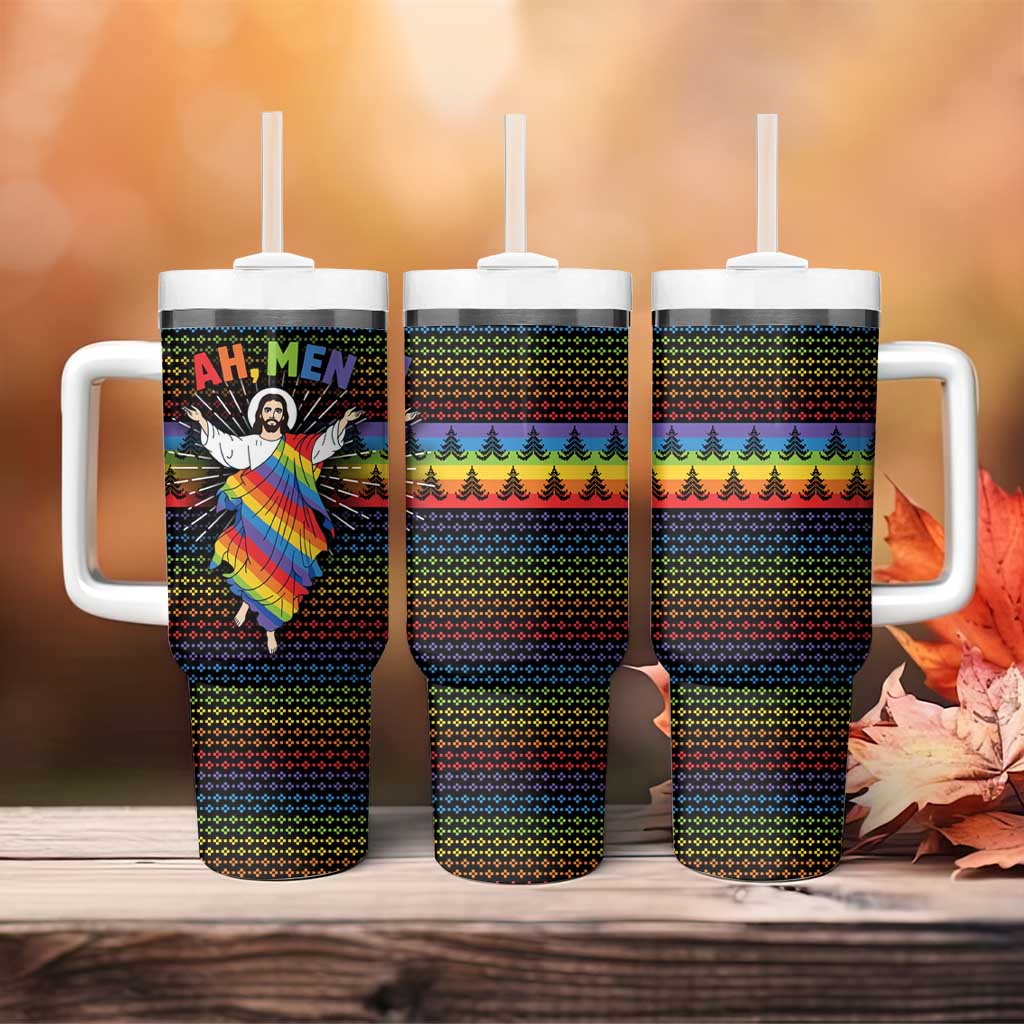 Rainbow Jesus Ah Men Christmas Tumbler With Handle with Colorful Stripes and Holiday Pattern - Wonder Print Shop