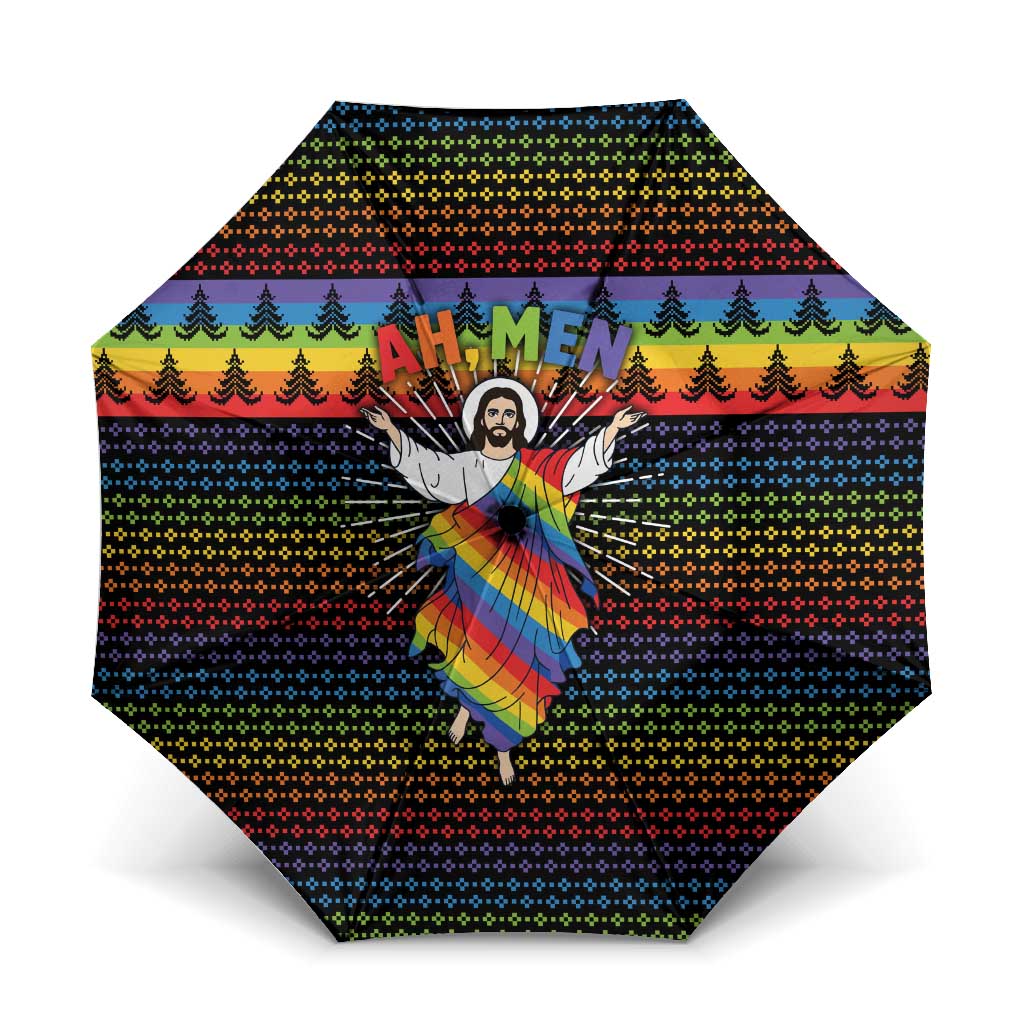 Rainbow Jesus Ah Men Christmas Umbrella with Colorful Stripes and Holiday Pattern - Wonder Print Shop