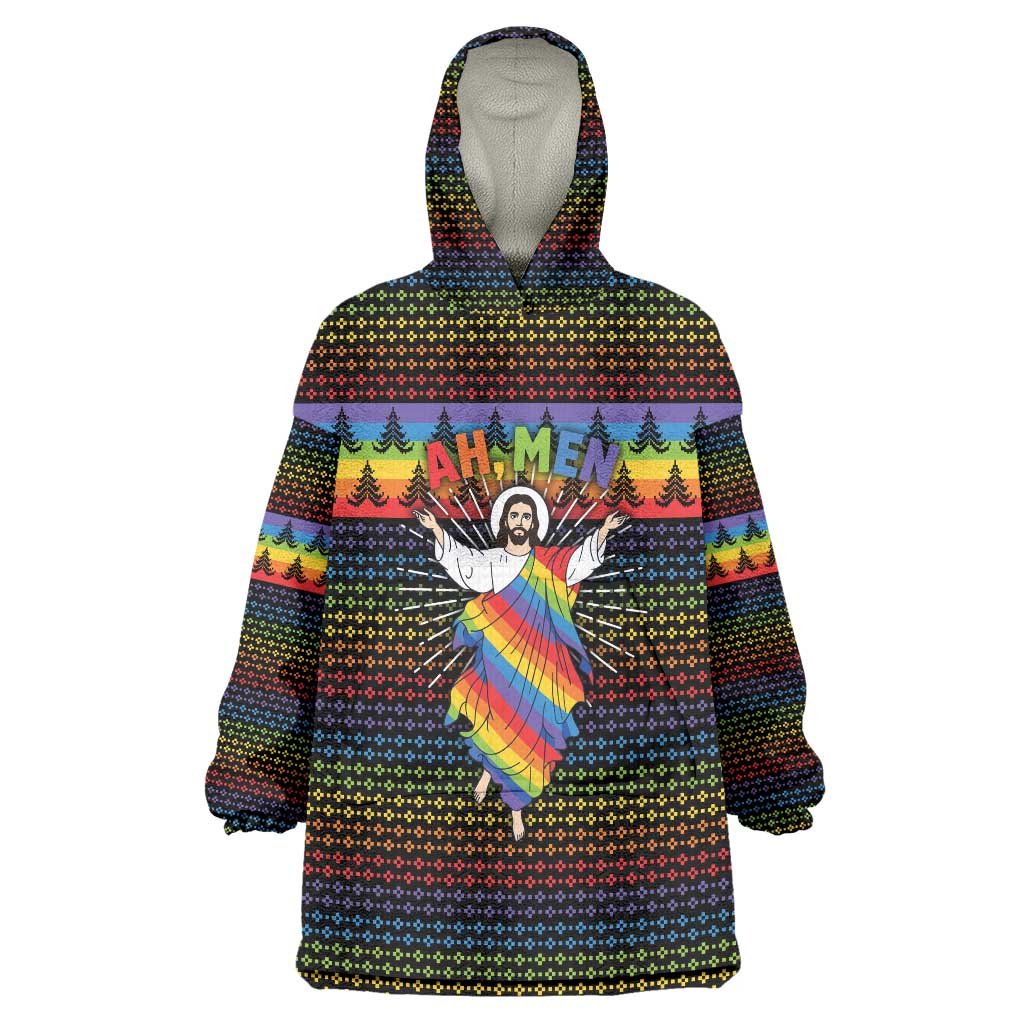 Rainbow Jesus Ah Men Christmas Wearable Blanket Hoodie with Colorful Stripes and Holiday Pattern - Wonder Print Shop