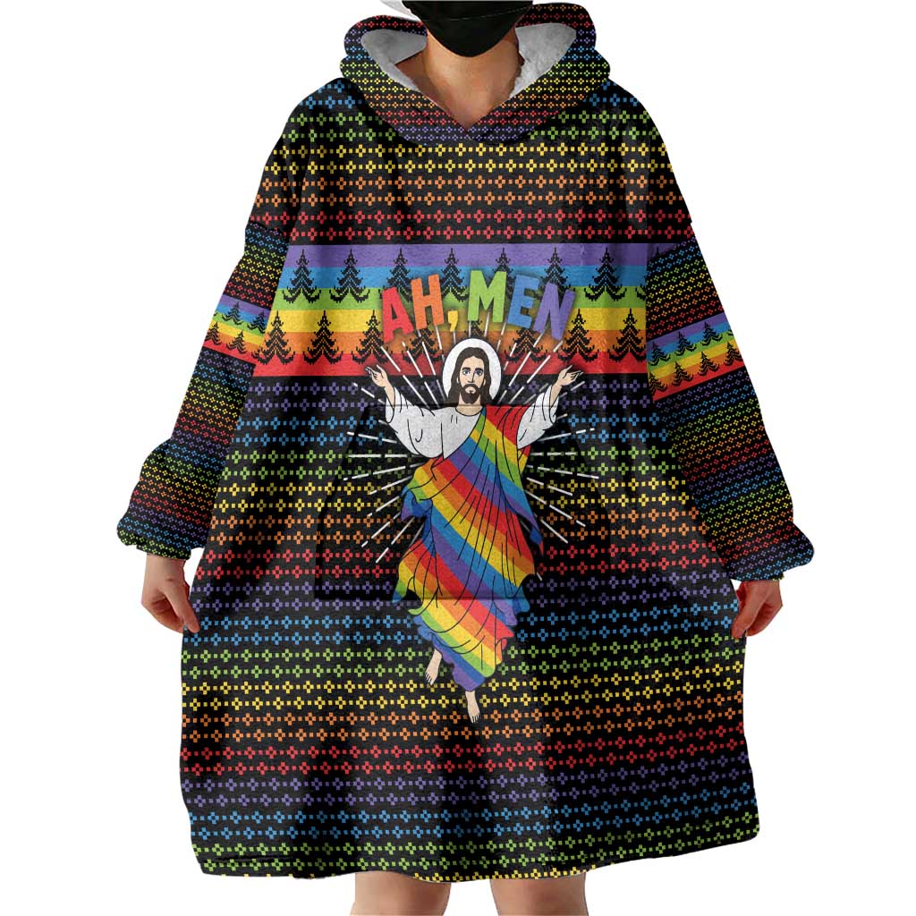 Rainbow Jesus Ah Men Christmas Wearable Blanket Hoodie with Colorful Stripes and Holiday Pattern - Wonder Print Shop