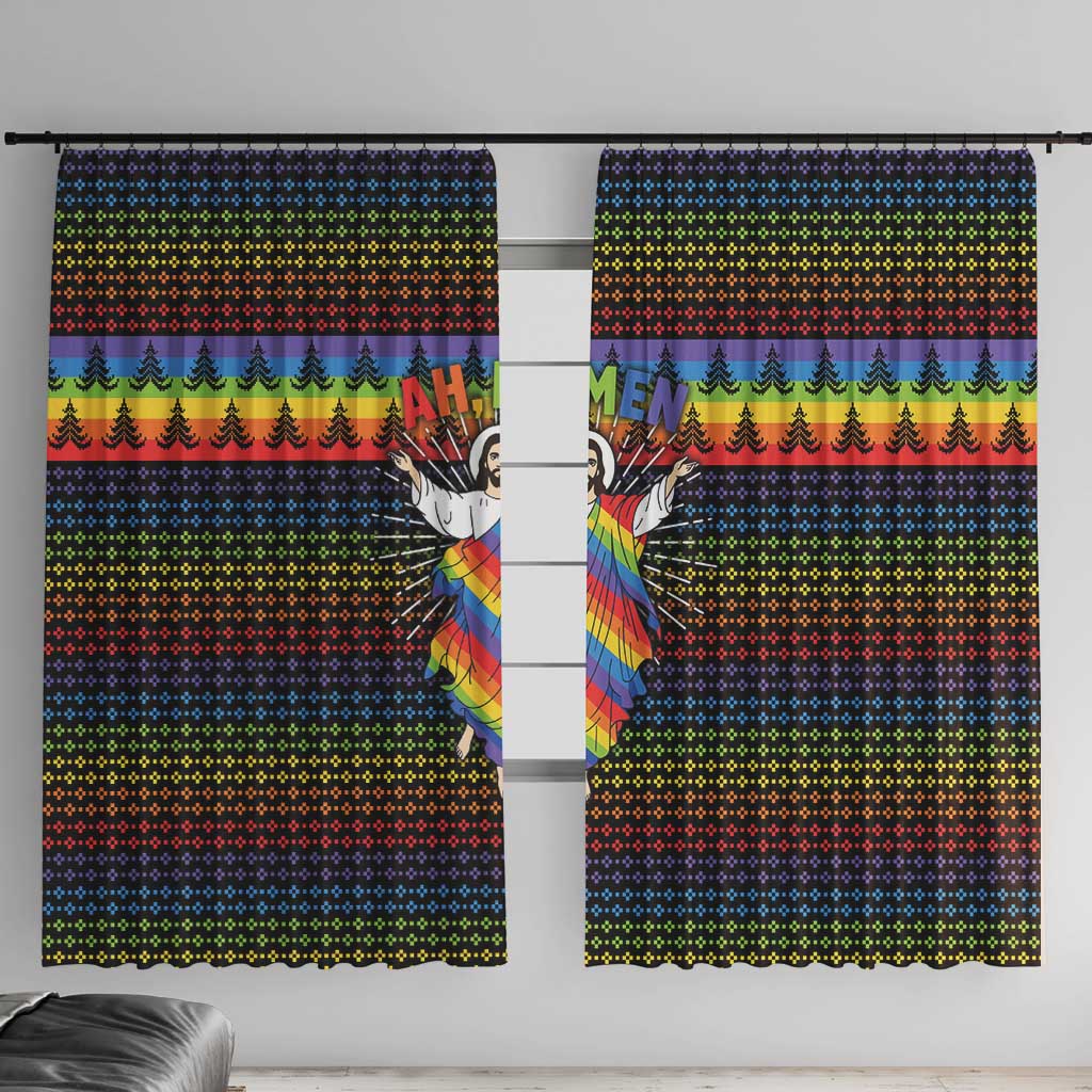 Rainbow Jesus Ah Men Christmas Window Curtain with Colorful Stripes and Holiday Pattern - Wonder Print Shop