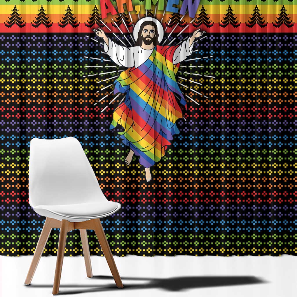 Rainbow Jesus Ah Men Christmas Window Curtain with Colorful Stripes and Holiday Pattern - Wonder Print Shop