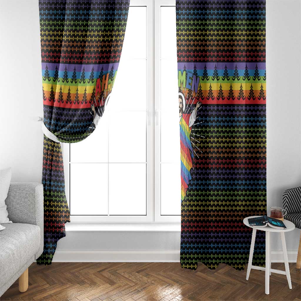 Rainbow Jesus Ah Men Christmas Window Curtain with Colorful Stripes and Holiday Pattern - Wonder Print Shop