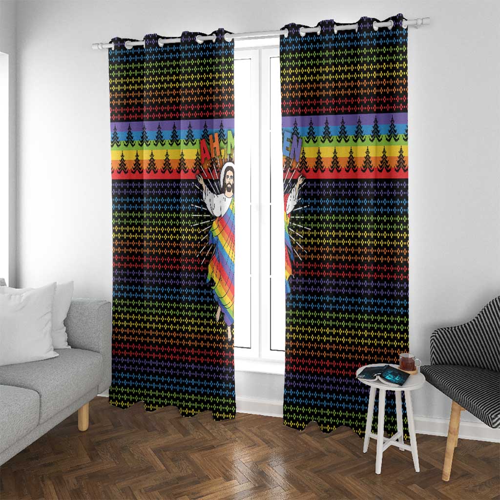 Rainbow Jesus Ah Men Christmas Window Curtain with Colorful Stripes and Holiday Pattern - Wonder Print Shop