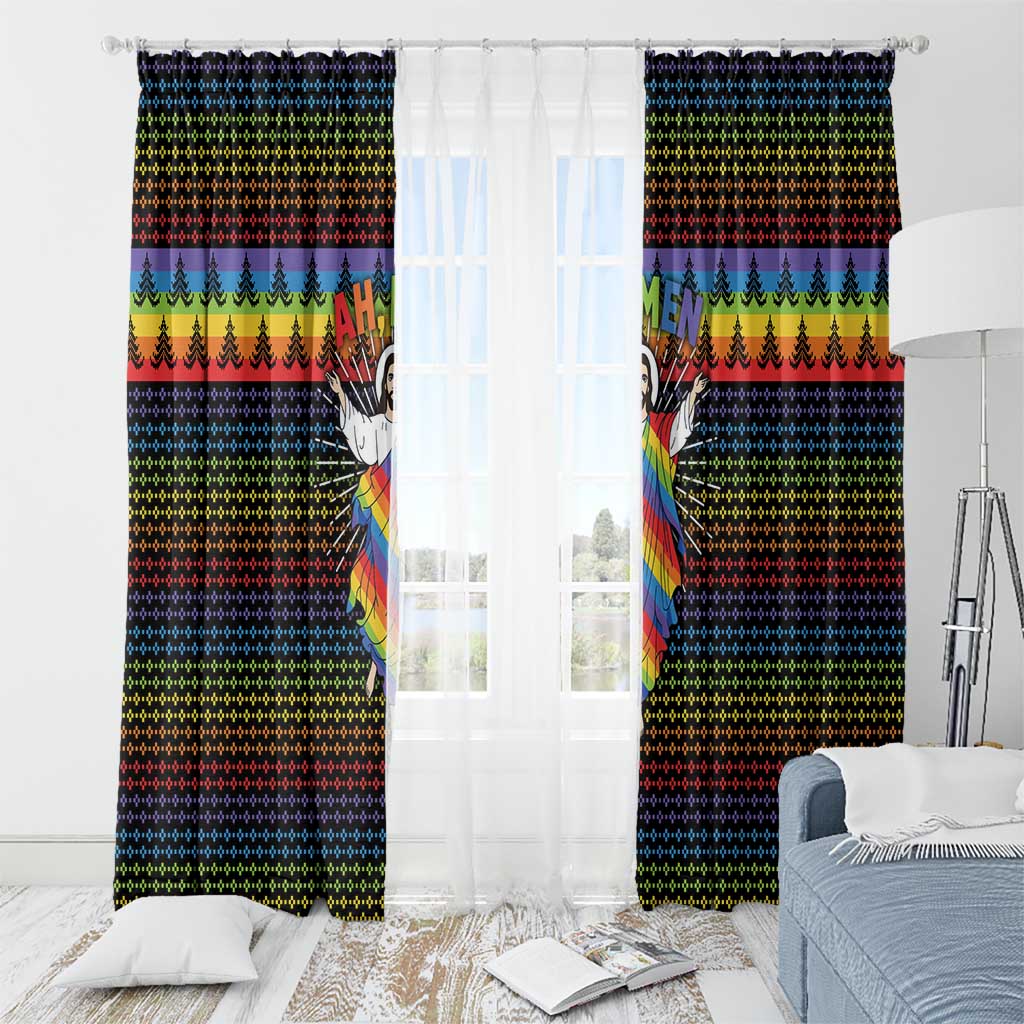 Rainbow Jesus Ah Men Christmas Window Curtain with Colorful Stripes and Holiday Pattern - Wonder Print Shop