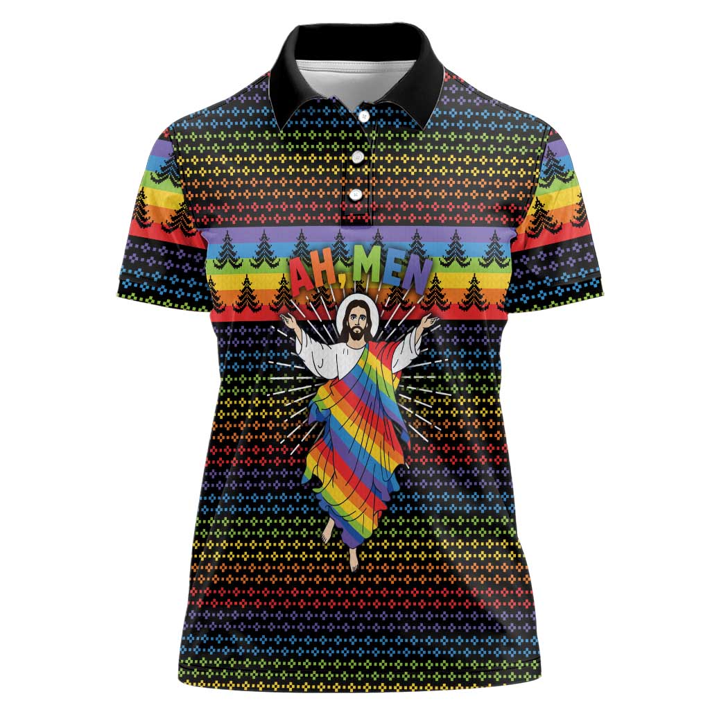 Rainbow Jesus Ah Men Christmas Women Polo Shirt with Colorful Stripes and Holiday Pattern - Wonder Print Shop