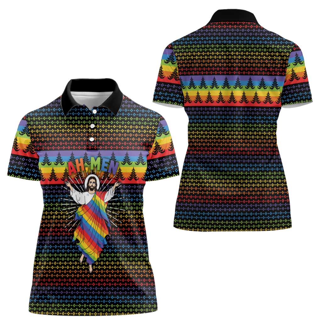 Rainbow Jesus Ah Men Christmas Women Polo Shirt with Colorful Stripes and Holiday Pattern - Wonder Print Shop