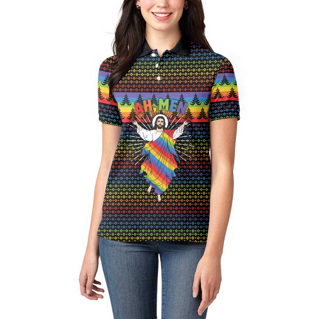 Rainbow Jesus Ah Men Christmas Women Polo Shirt with Colorful Stripes and Holiday Pattern - Wonder Print Shop