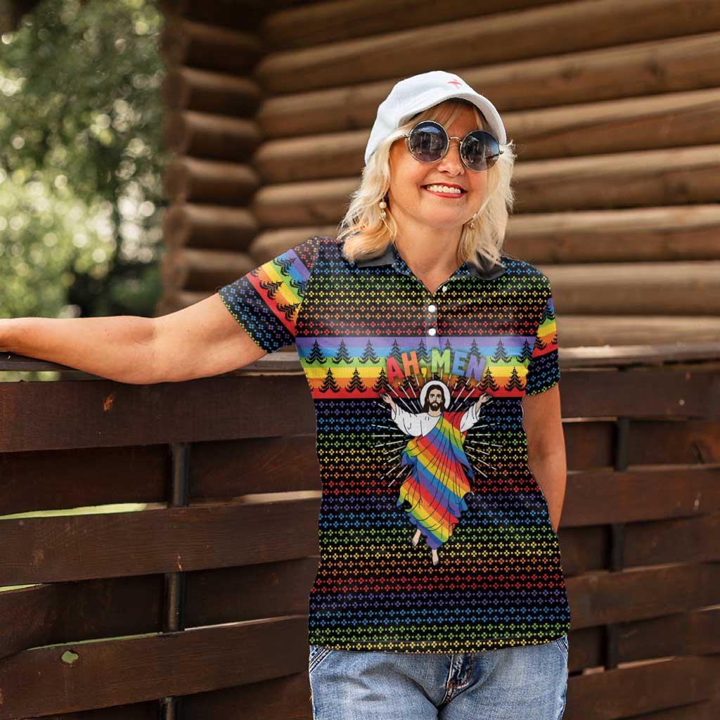 Rainbow Jesus Ah Men Christmas Women Polo Shirt with Colorful Stripes and Holiday Pattern - Wonder Print Shop