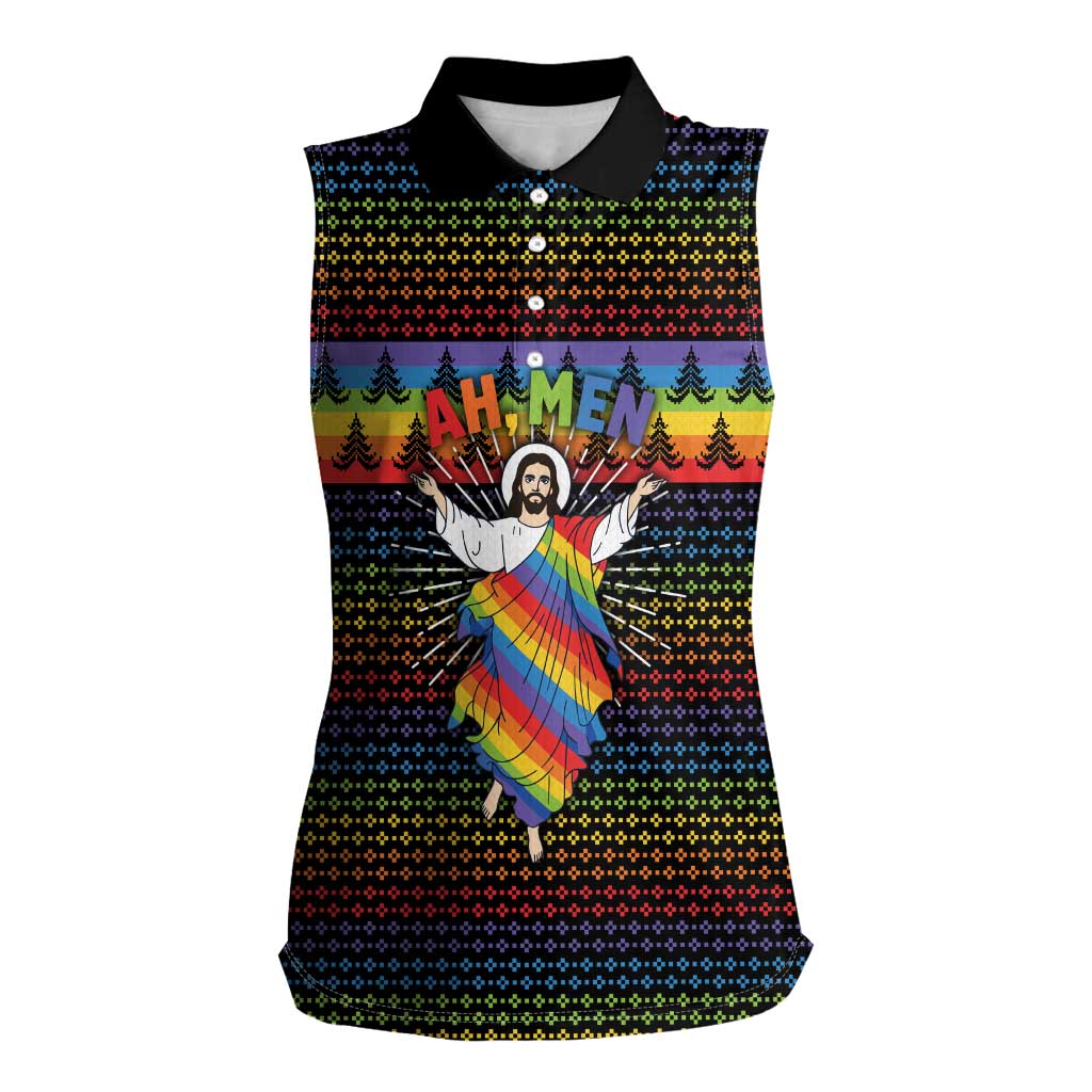 Rainbow Jesus Ah Men Christmas Women Sleeveless Polo Shirt with Colorful Stripes and Holiday Pattern - Wonder Print Shop