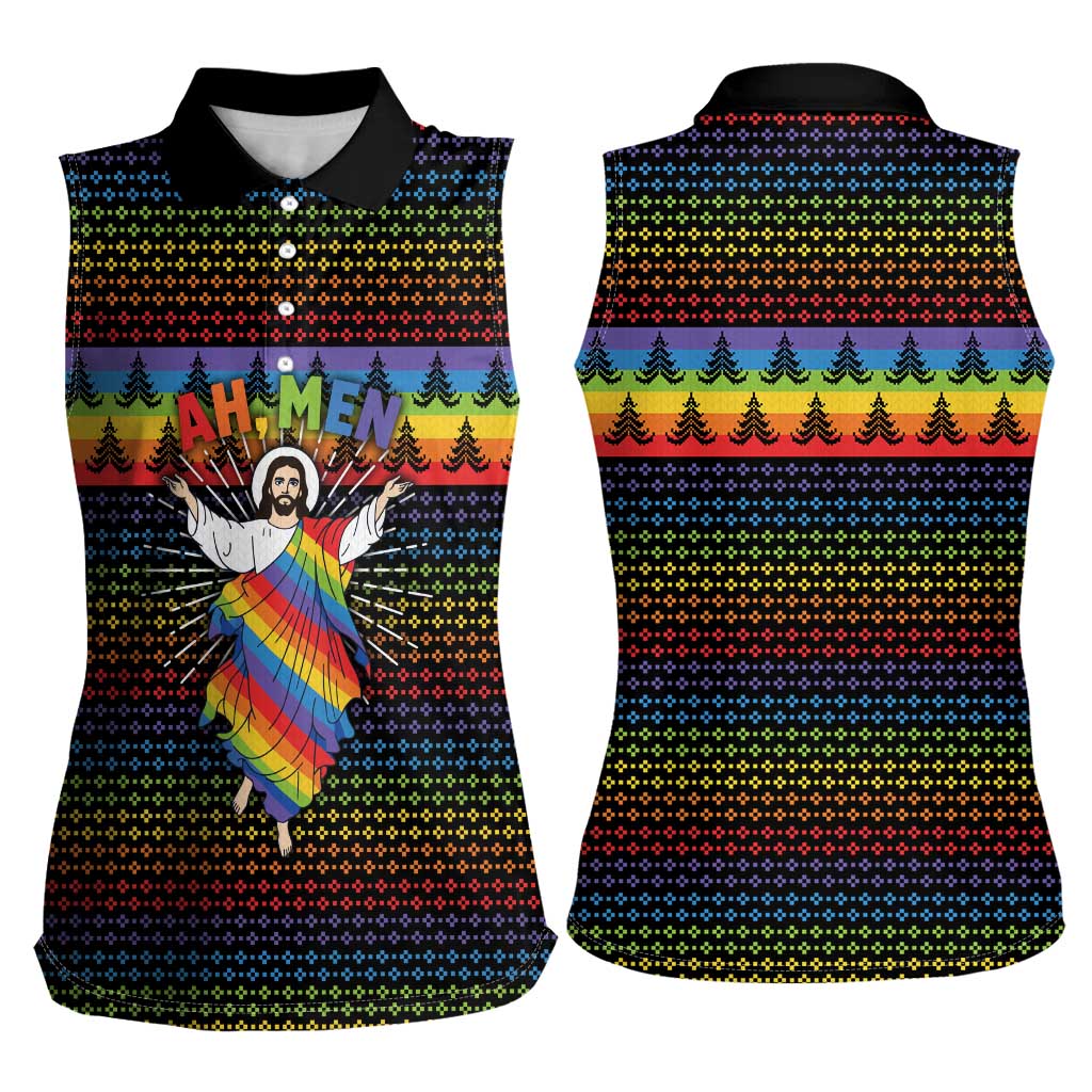 Rainbow Jesus Ah Men Christmas Women Sleeveless Polo Shirt with Colorful Stripes and Holiday Pattern - Wonder Print Shop