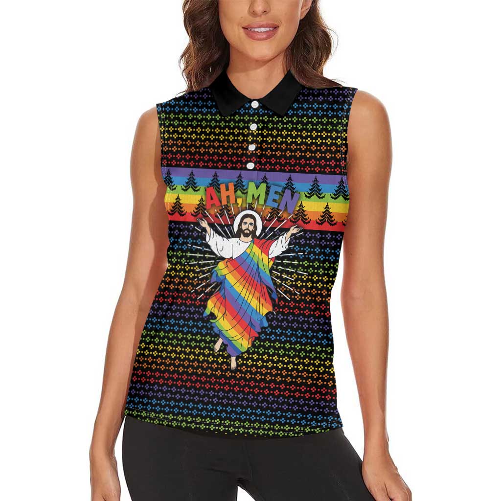 Rainbow Jesus Ah Men Christmas Women Sleeveless Polo Shirt with Colorful Stripes and Holiday Pattern - Wonder Print Shop