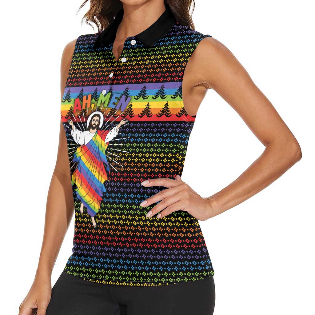 Rainbow Jesus Ah Men Christmas Women Sleeveless Polo Shirt with Colorful Stripes and Holiday Pattern - Wonder Print Shop