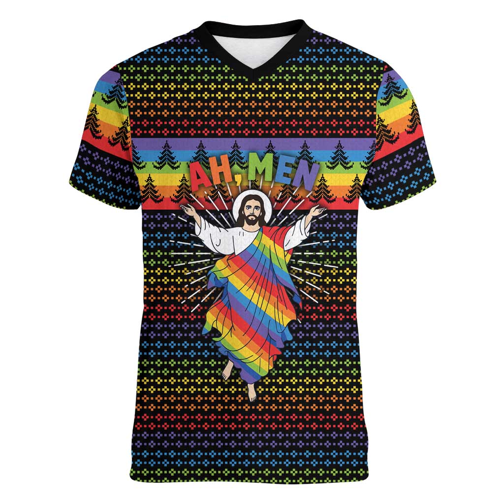 Rainbow Jesus Ah Men Christmas Women V-Neck T-Shirt with Colorful Stripes and Holiday Pattern - Wonder Print Shop