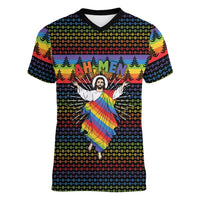 Rainbow Jesus Ah Men Christmas Women V-Neck T-Shirt with Colorful Stripes and Holiday Pattern - Wonder Print Shop