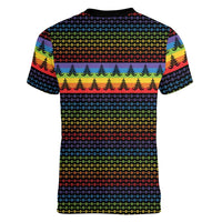 Rainbow Jesus Ah Men Christmas Women V-Neck T-Shirt with Colorful Stripes and Holiday Pattern - Wonder Print Shop