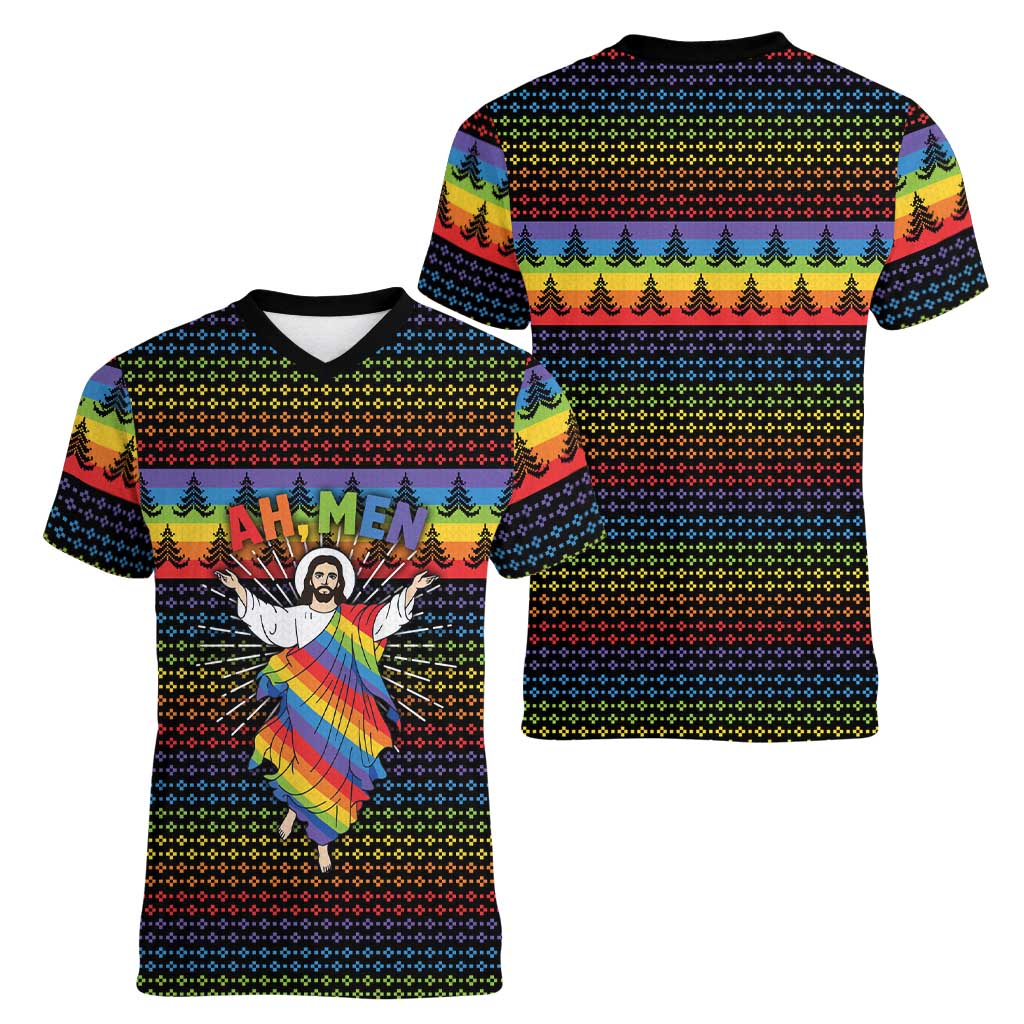 Rainbow Jesus Ah Men Christmas Women V-Neck T-Shirt with Colorful Stripes and Holiday Pattern - Wonder Print Shop