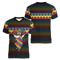 Rainbow Jesus Ah Men Christmas Women V-Neck T-Shirt with Colorful Stripes and Holiday Pattern - Wonder Print Shop