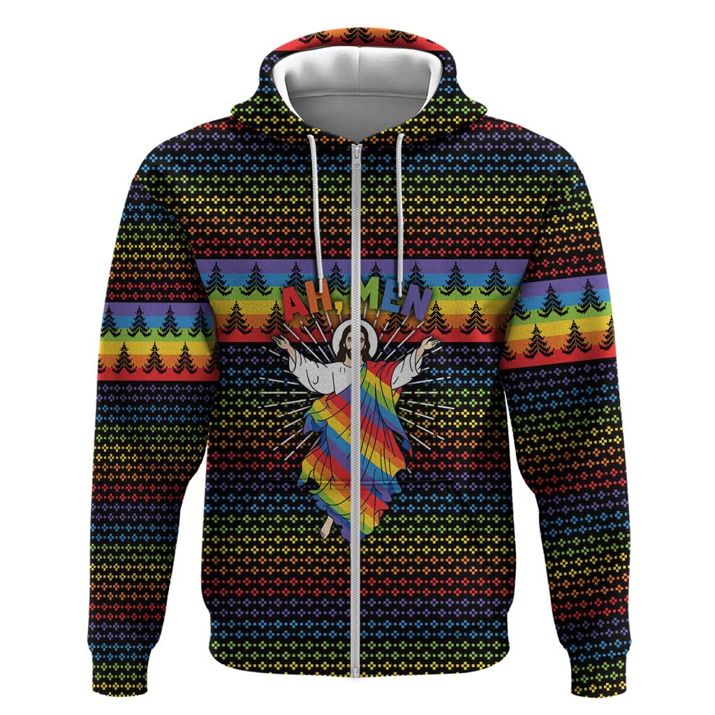 Rainbow Jesus Ah Men Christmas Zip Hoodie with Colorful Stripes and Holiday Pattern - Wonder Print Shop
