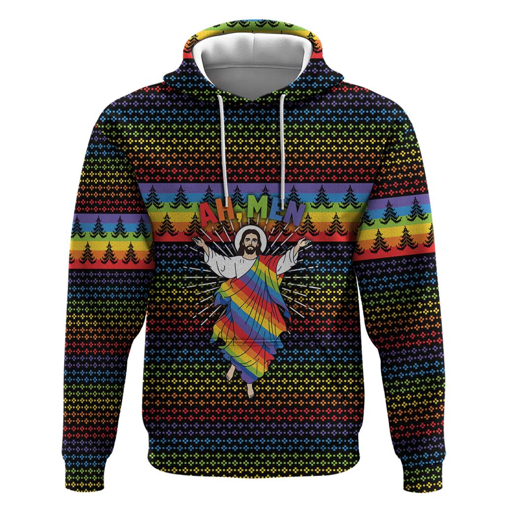 Rainbow Jesus Ah Men Christmas Zip Hoodie with Colorful Stripes and Holiday Pattern - Wonder Print Shop