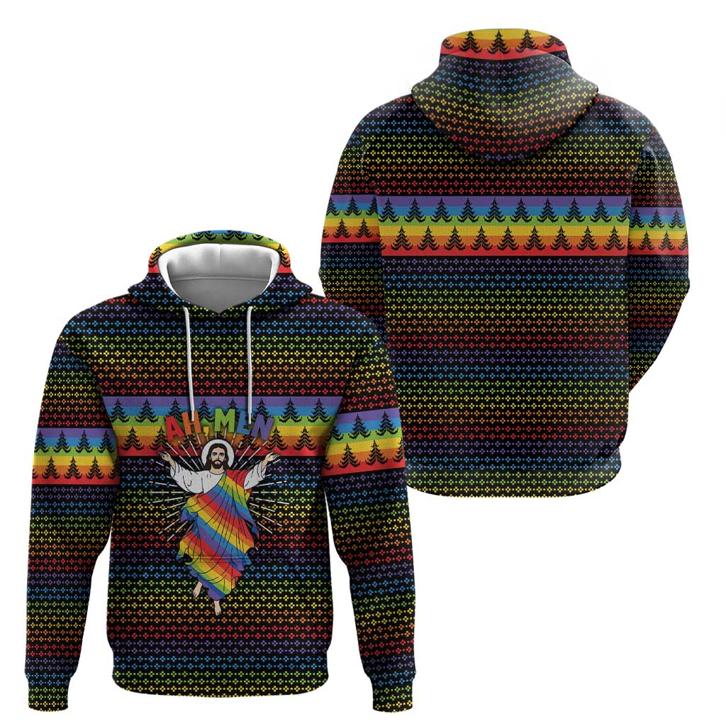 Rainbow Jesus Ah Men Christmas Zip Hoodie with Colorful Stripes and Holiday Pattern - Wonder Print Shop