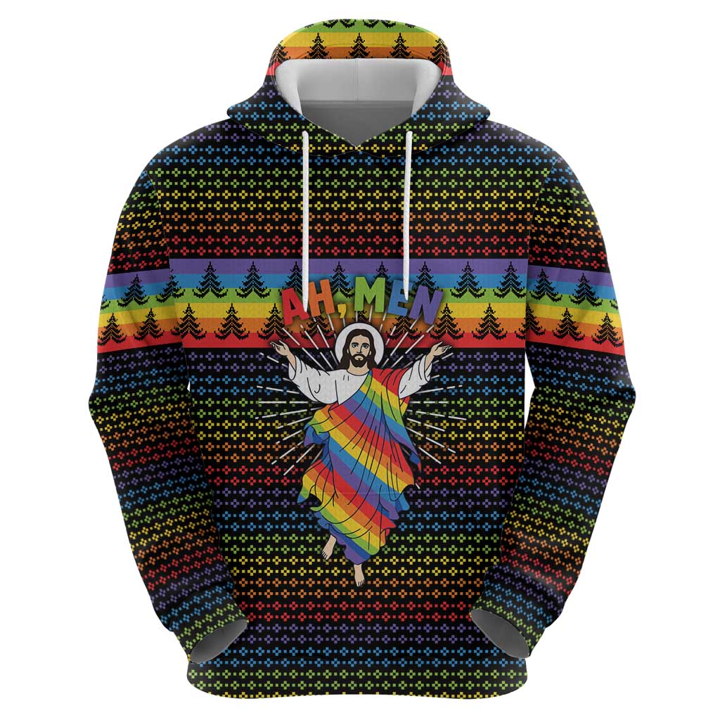 Rainbow Jesus Ah Men Christmas Zip Hoodie with Colorful Stripes and Holiday Pattern - Wonder Print Shop