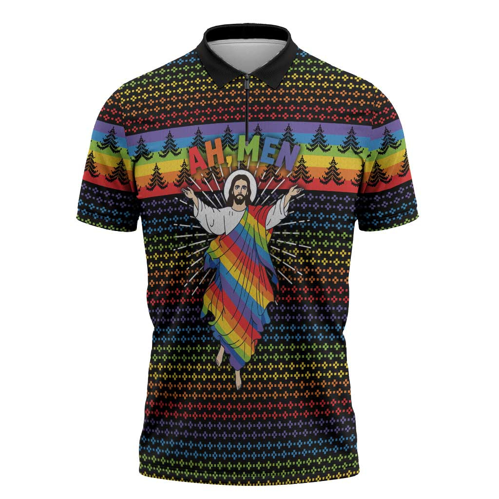 Rainbow Jesus Ah Men Christmas Zipper Polo Shirt with Colorful Stripes and Holiday Pattern - Wonder Print Shop