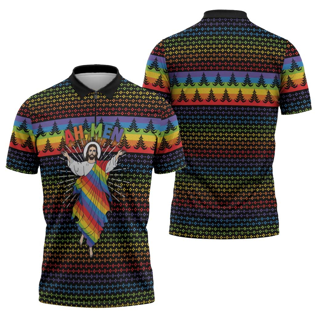 Rainbow Jesus Ah Men Christmas Zipper Polo Shirt with Colorful Stripes and Holiday Pattern - Wonder Print Shop