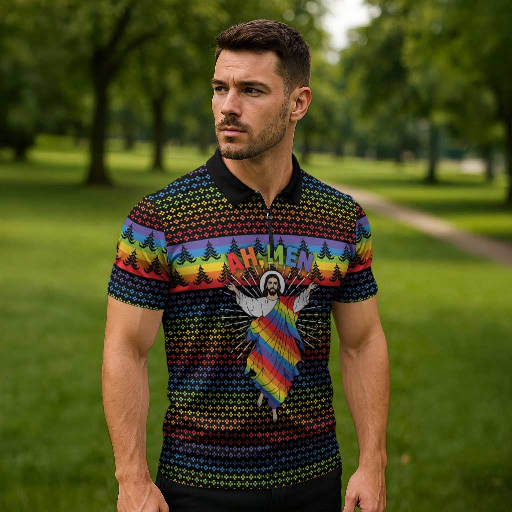 Rainbow Jesus Ah Men Christmas Zipper Polo Shirt with Colorful Stripes and Holiday Pattern - Wonder Print Shop