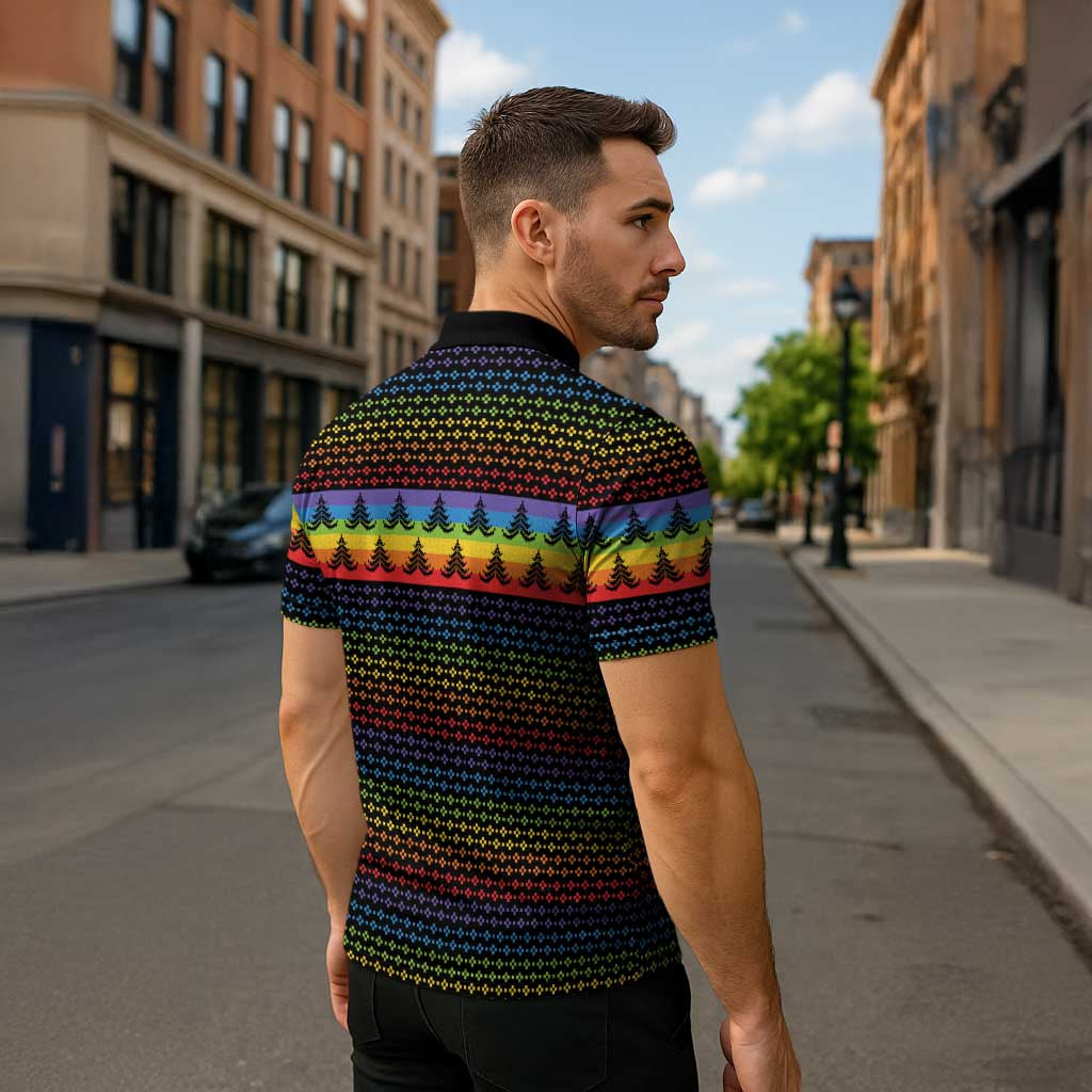 Rainbow Jesus Ah Men Christmas Zipper Polo Shirt with Colorful Stripes and Holiday Pattern - Wonder Print Shop