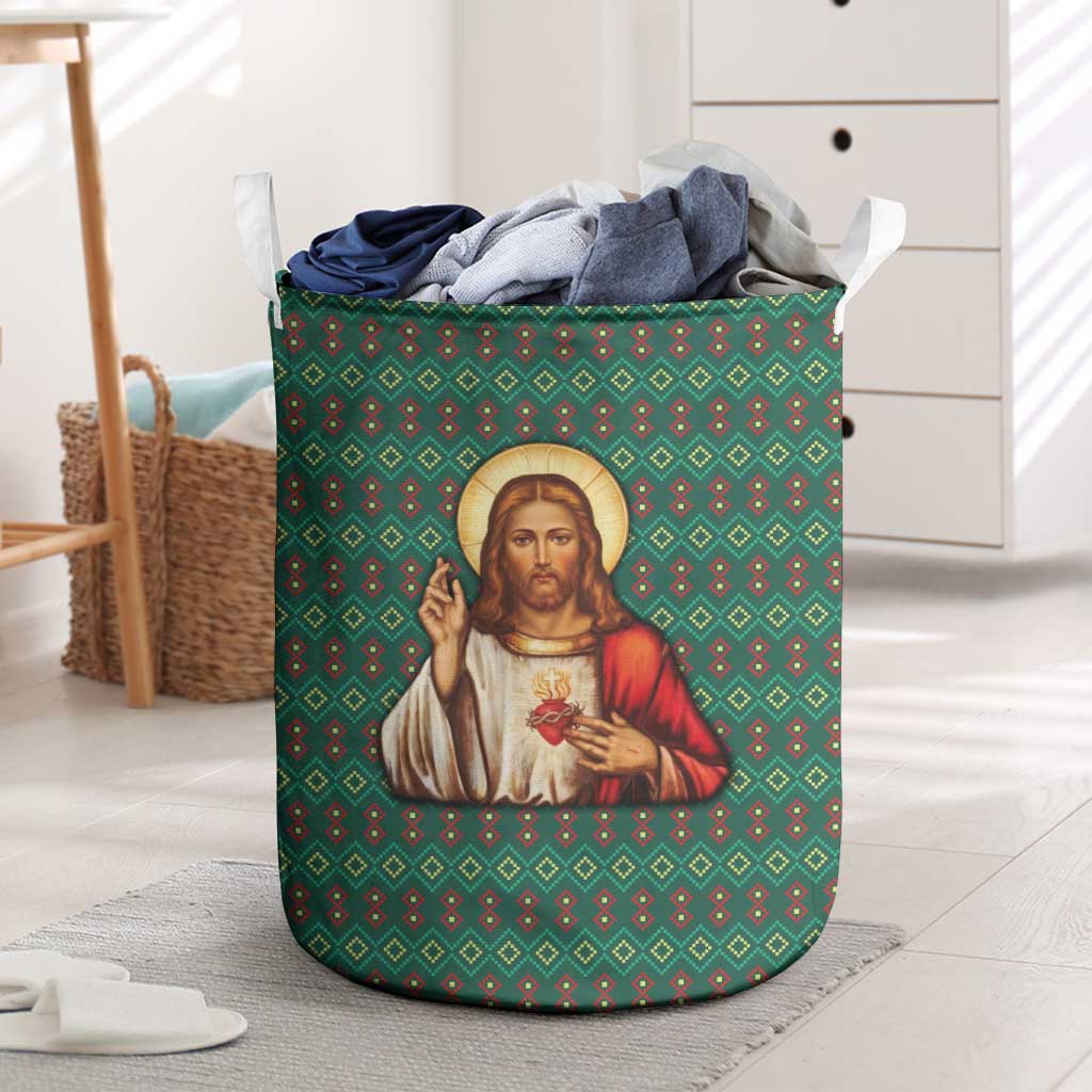 Sacred Heart Jesus Christmas Laundry Basket with Festive Green Knit Pattern - Wonder Print Shop