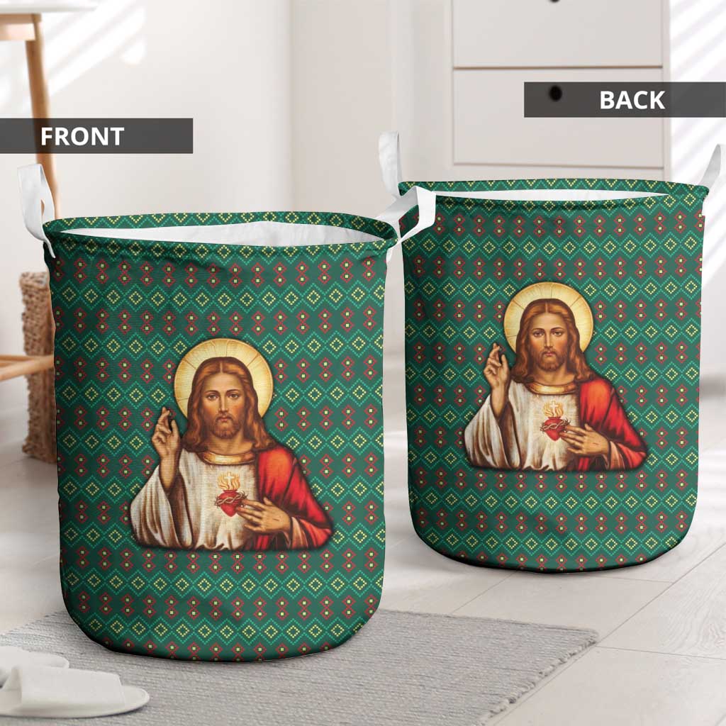 Sacred Heart Jesus Christmas Laundry Basket with Festive Green Knit Pattern - Wonder Print Shop