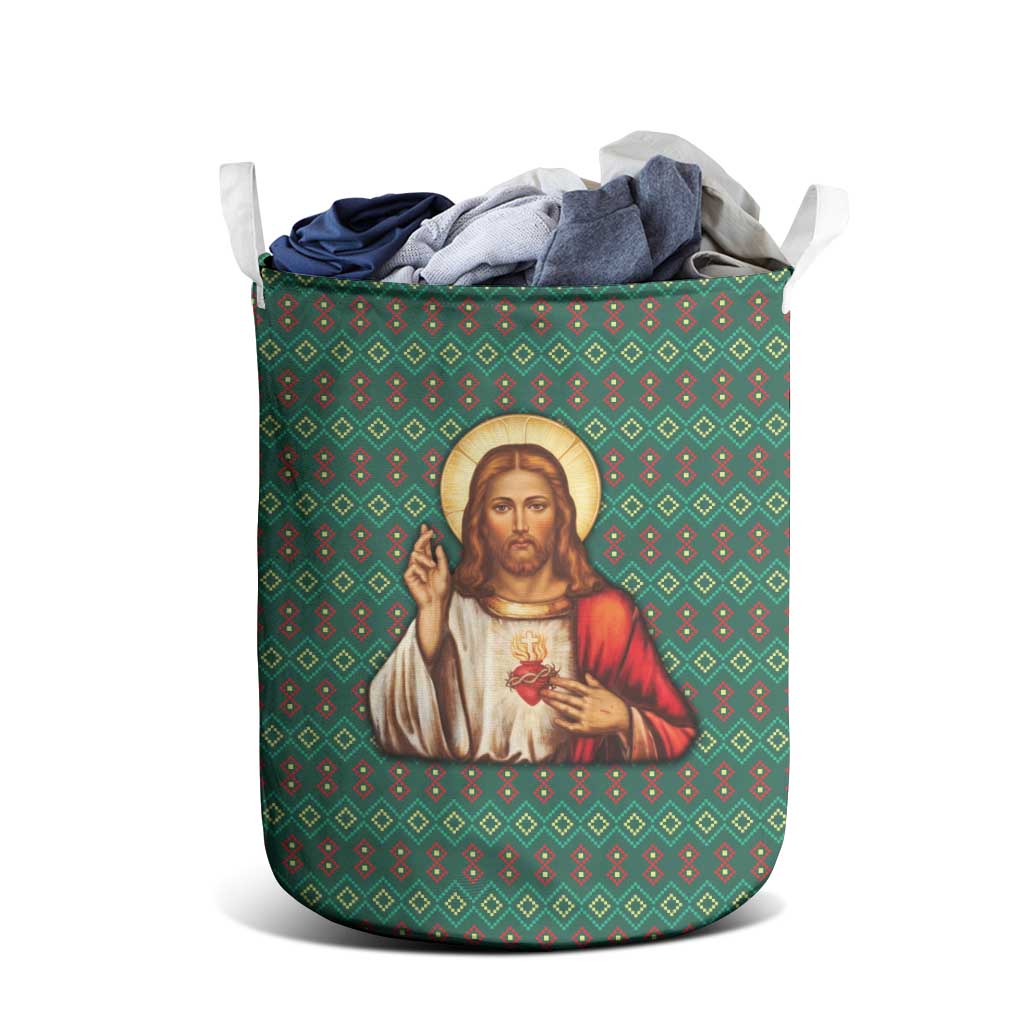 Sacred Heart Jesus Christmas Laundry Basket with Festive Green Knit Pattern - Wonder Print Shop