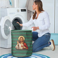 Sacred Heart Jesus Christmas Laundry Basket with Festive Green Knit Pattern - Wonder Print Shop