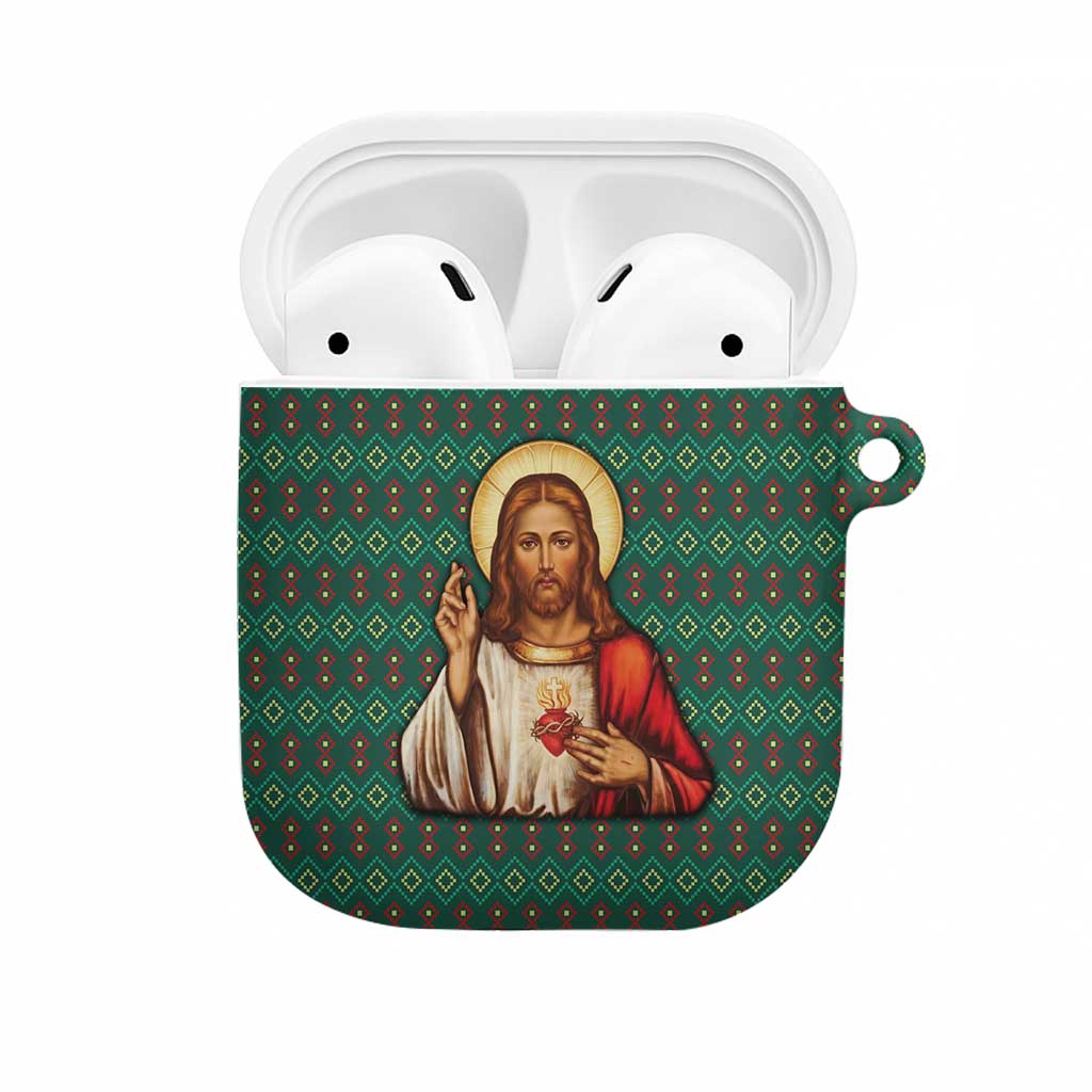 Sacred Heart Jesus Christmas AirPods Case with Festive Green Knit Pattern - Wonder Print Shop
