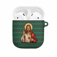 Sacred Heart Jesus Christmas AirPods Case with Festive Green Knit Pattern - Wonder Print Shop