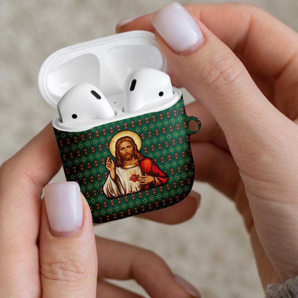 Sacred Heart Jesus Christmas AirPods Case with Festive Green Knit Pattern - Wonder Print Shop