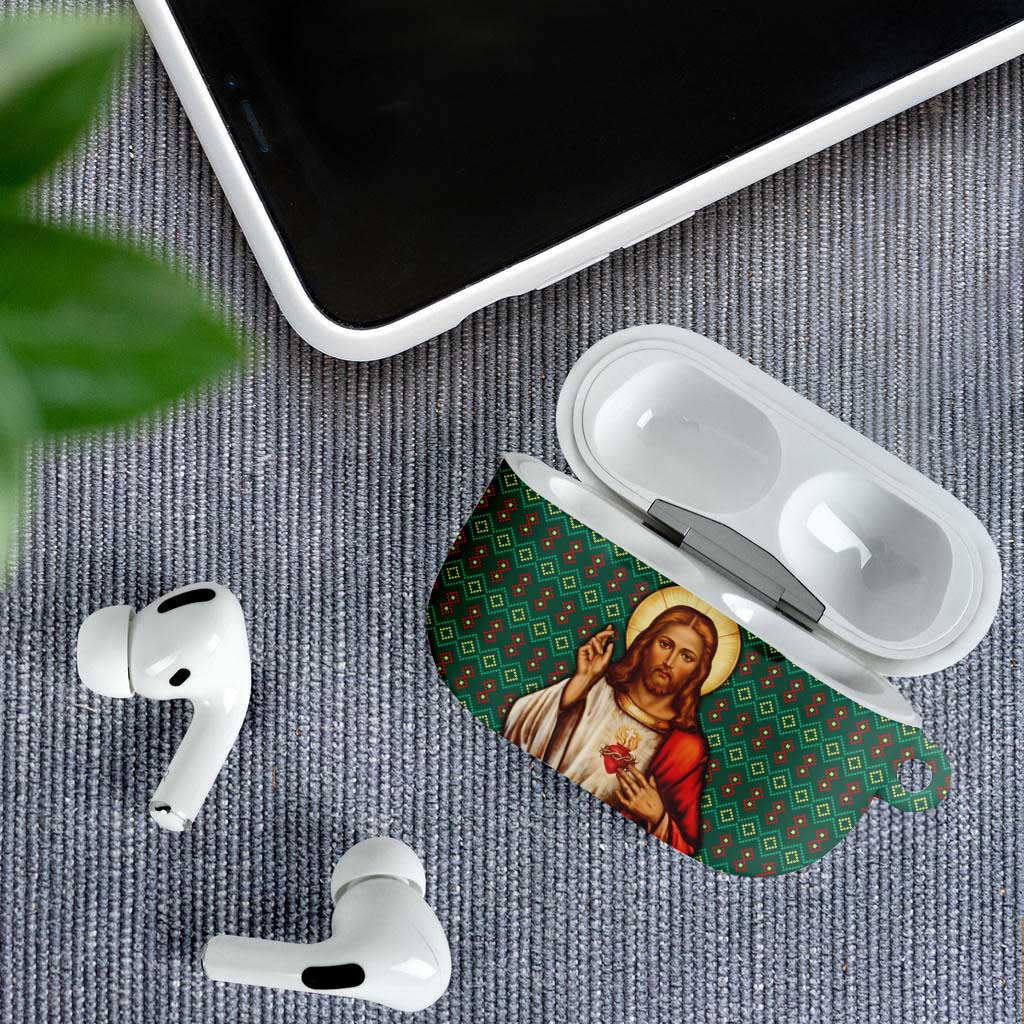 Sacred Heart Jesus Christmas AirPods Case with Festive Green Knit Pattern - Wonder Print Shop