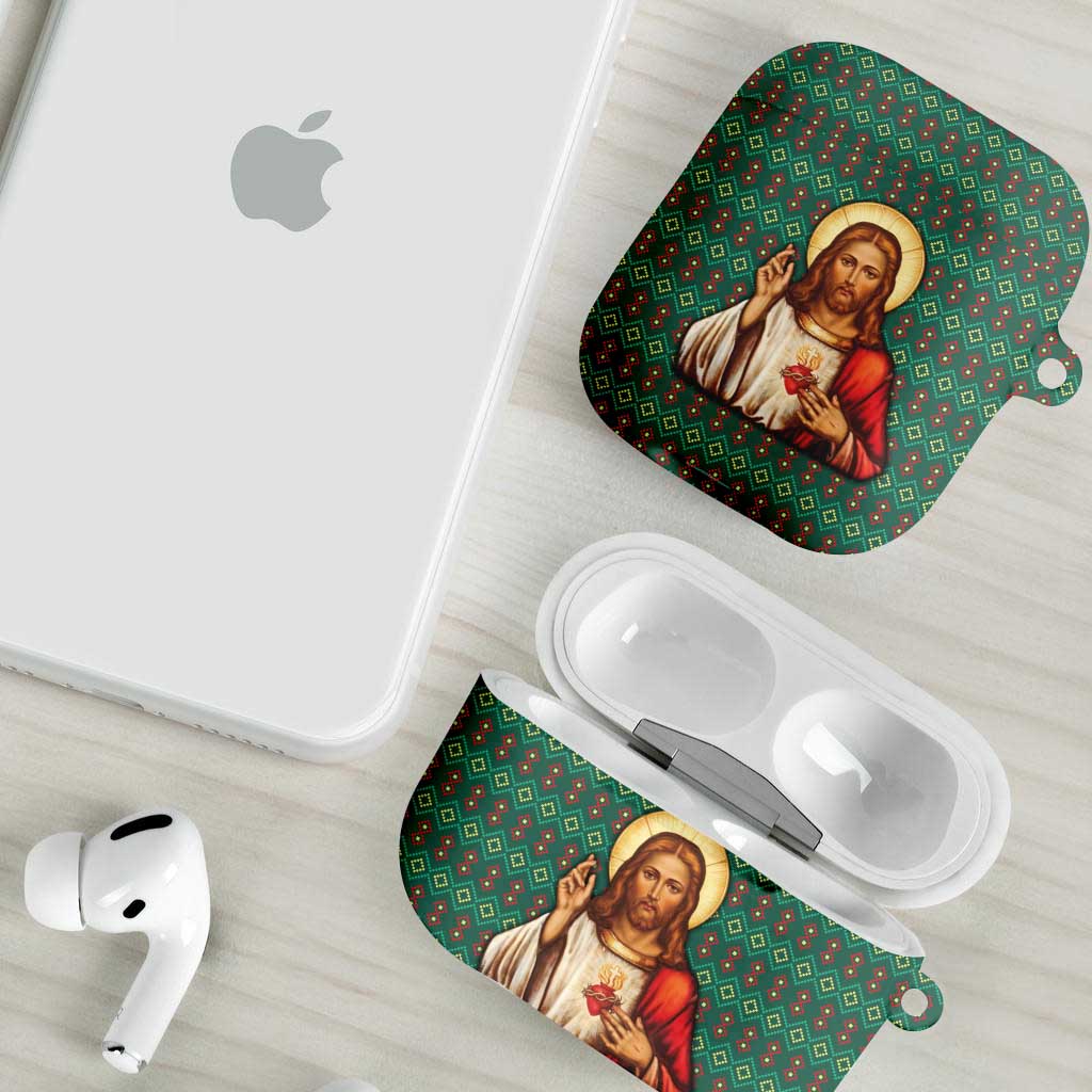 Sacred Heart Jesus Christmas AirPods Case with Festive Green Knit Pattern - Wonder Print Shop