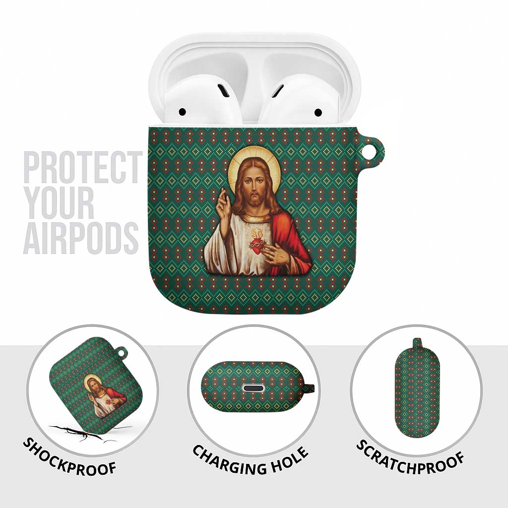 Sacred Heart Jesus Christmas AirPods Case with Festive Green Knit Pattern - Wonder Print Shop