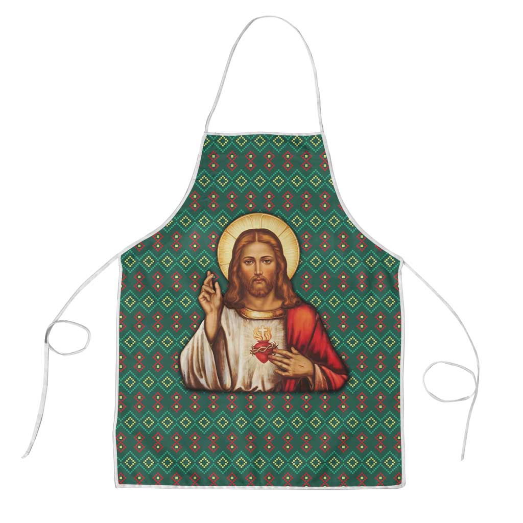 Sacred Heart Jesus Christmas Apron with Festive Green Knit Pattern - Wonder Print Shop