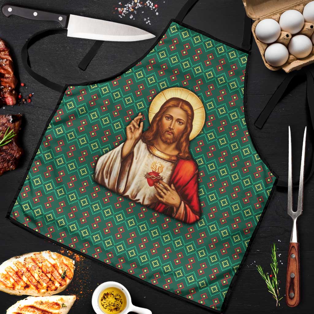 Sacred Heart Jesus Christmas Apron with Festive Green Knit Pattern - Wonder Print Shop