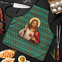 Sacred Heart Jesus Christmas Apron with Festive Green Knit Pattern - Wonder Print Shop