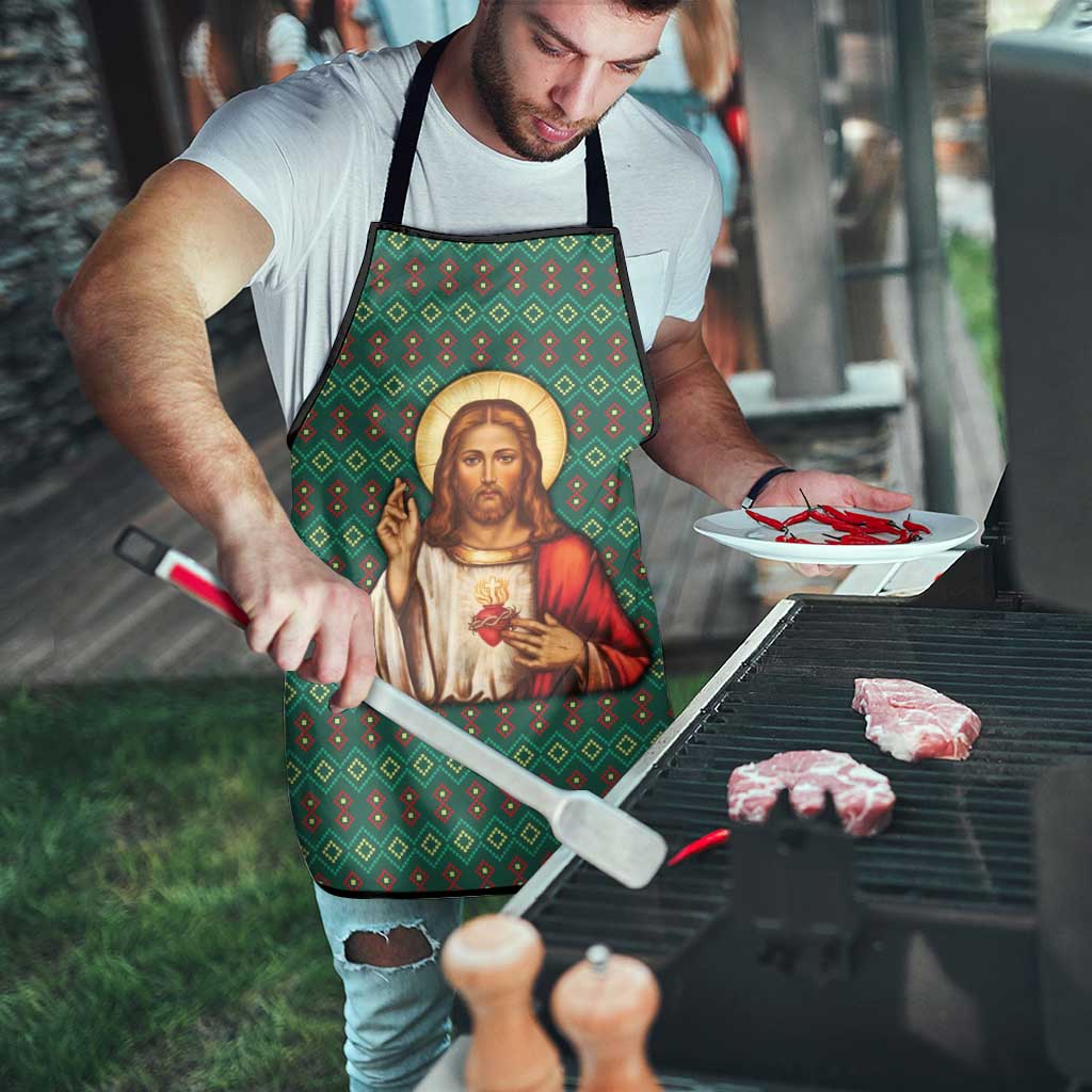 Sacred Heart Jesus Christmas Apron with Festive Green Knit Pattern - Wonder Print Shop