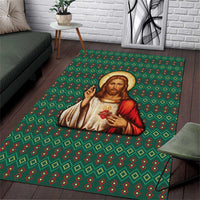 Sacred Heart Jesus Christmas Area Rug with Festive Green Knit Pattern - Wonder Print Shop