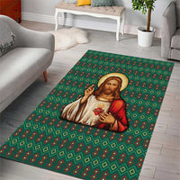 Sacred Heart Jesus Christmas Area Rug with Festive Green Knit Pattern - Wonder Print Shop